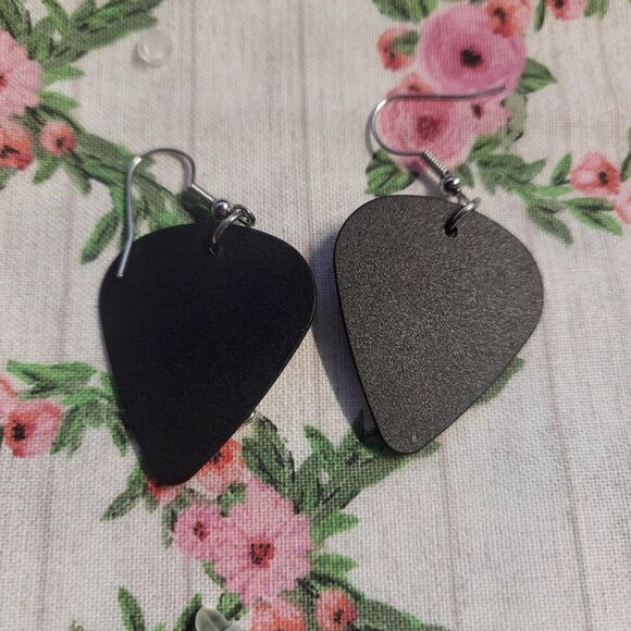 Guitar Pick Skeleton Key Dangle Earrings - Picture 3 of 6